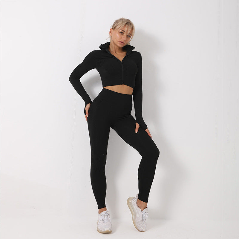 Ensemble Sport Femme 3 pièces – Legging Taille Haute + Brassière Crop Top & Haut Sans Coutures — Maintien Sculptant, Séchage Rapide & Style Urbain