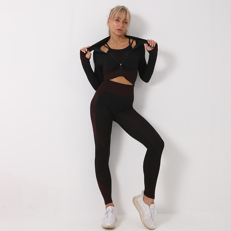 Ensemble Sport Femme 3 pièces – Legging Taille Haute + Brassière Crop Top & Haut Sans Coutures — Maintien Sculptant, Séchage Rapide & Style Urbain